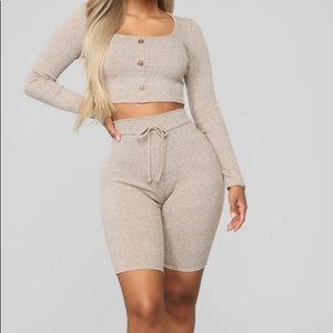 Size small beige colored Fashion Nova two piece biker short set.
